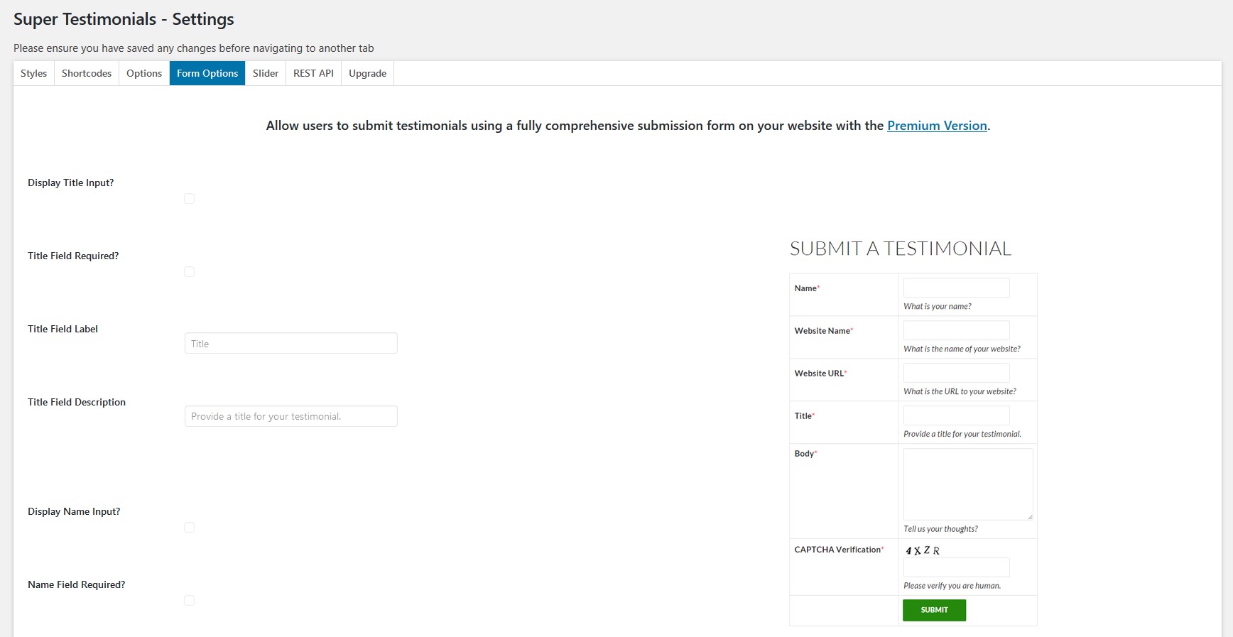 Form Options Tab — Part 1