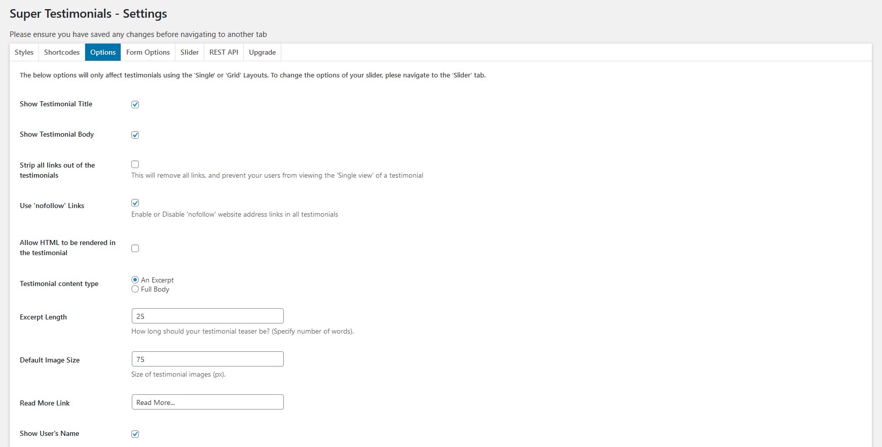 Options Tab — Part 1